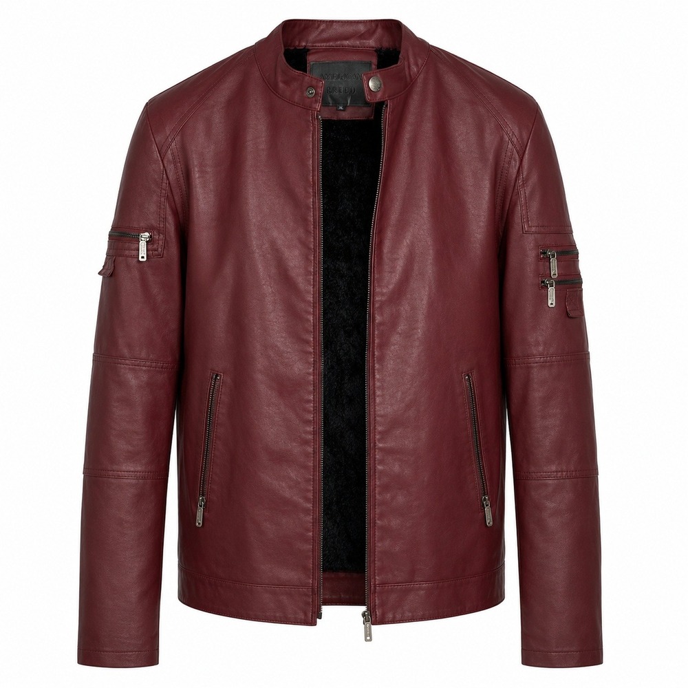 American Breed Mens Burgundy Red Pleather Moto Jacket Faux Fur Lined XL New